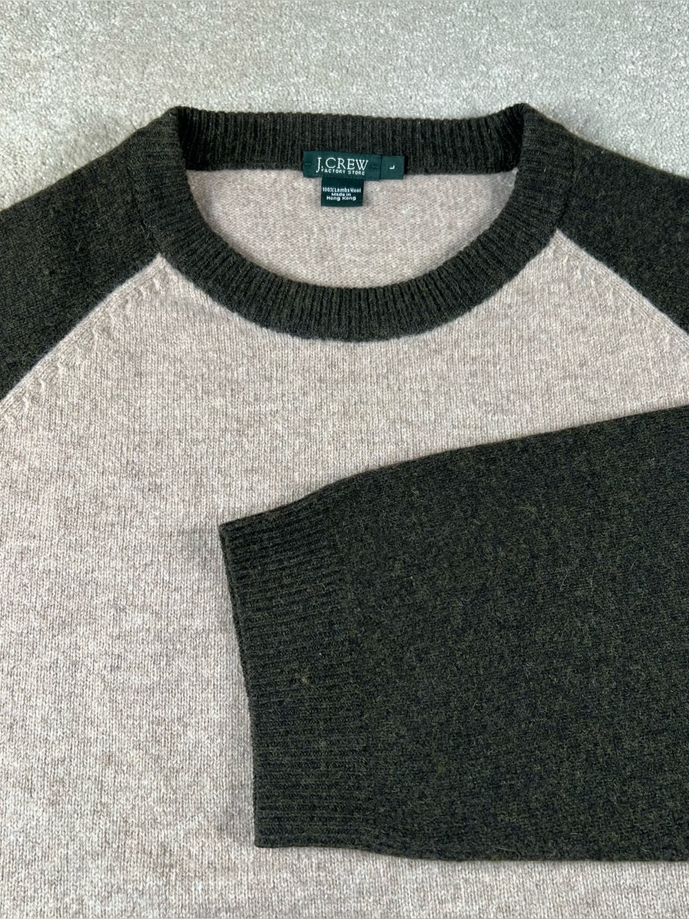 J Crew Factory Sweater Crew Raglan Sleeves 100% Lambswool Beige Green Men's Lg